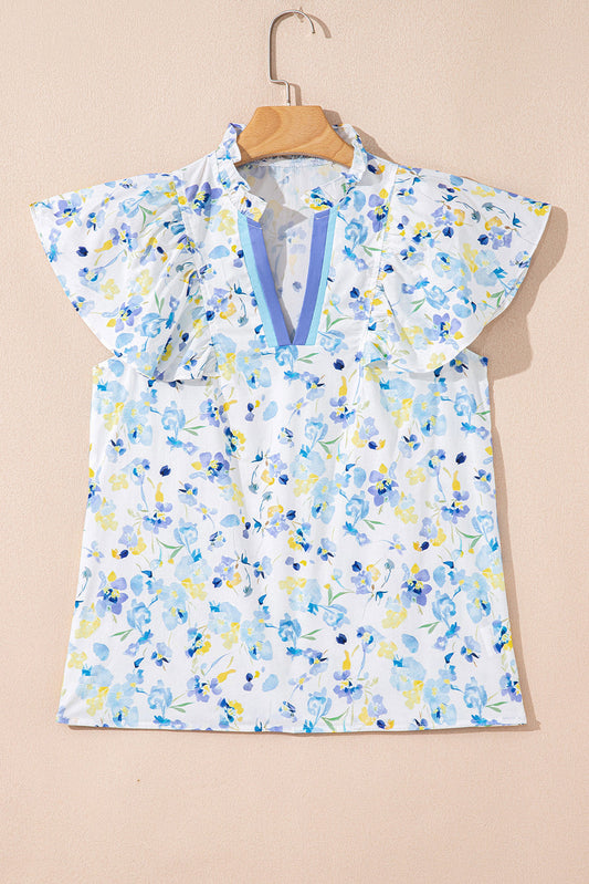 Blue Floral Frilled Blouse
