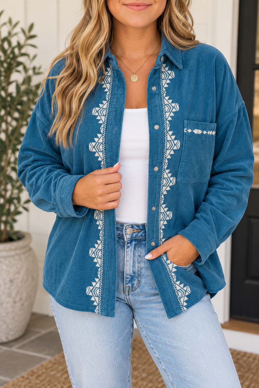 Blue Embroidered Corduroy Plus Shirt