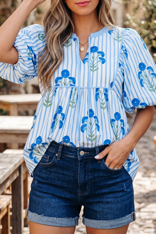 Blue Floral Tie Blouse