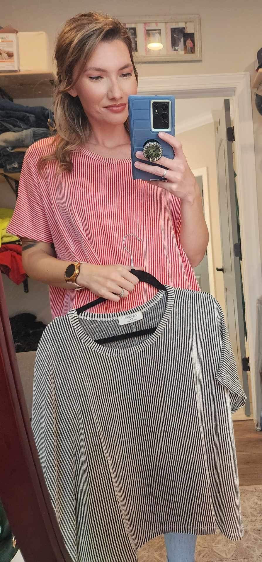Ribbed Striped Short Sleeve Top