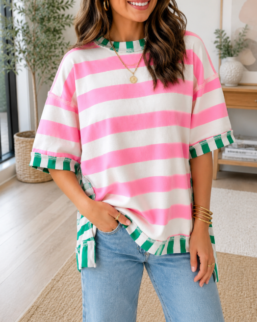 Stripe Exposed Seam Oversized Top