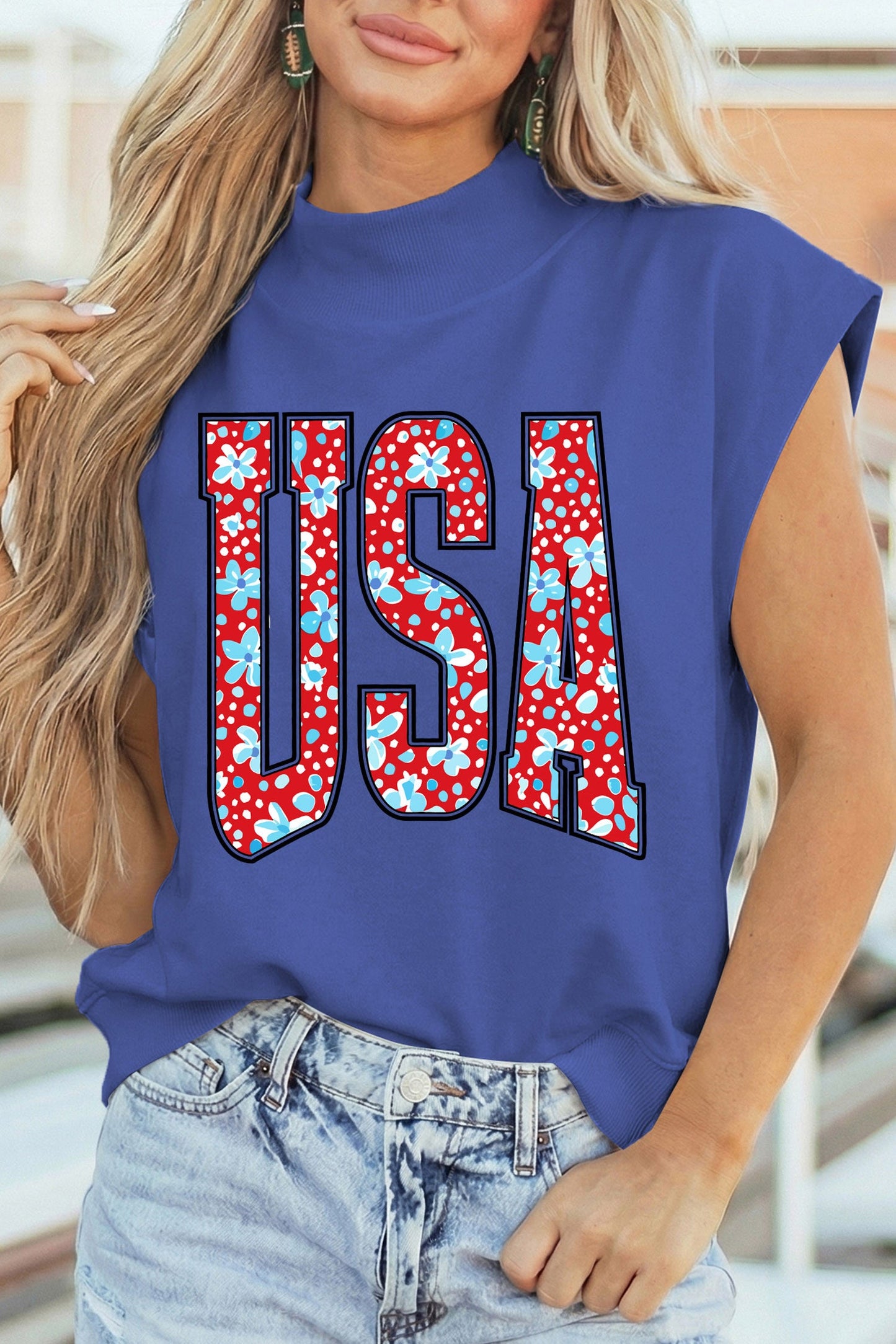 USA Floral High Neck Top RTS