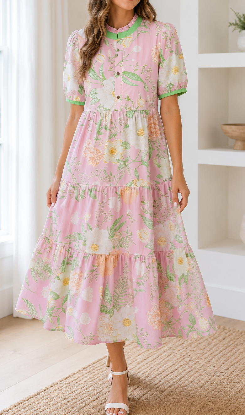 Pink Floral Tiered Dress