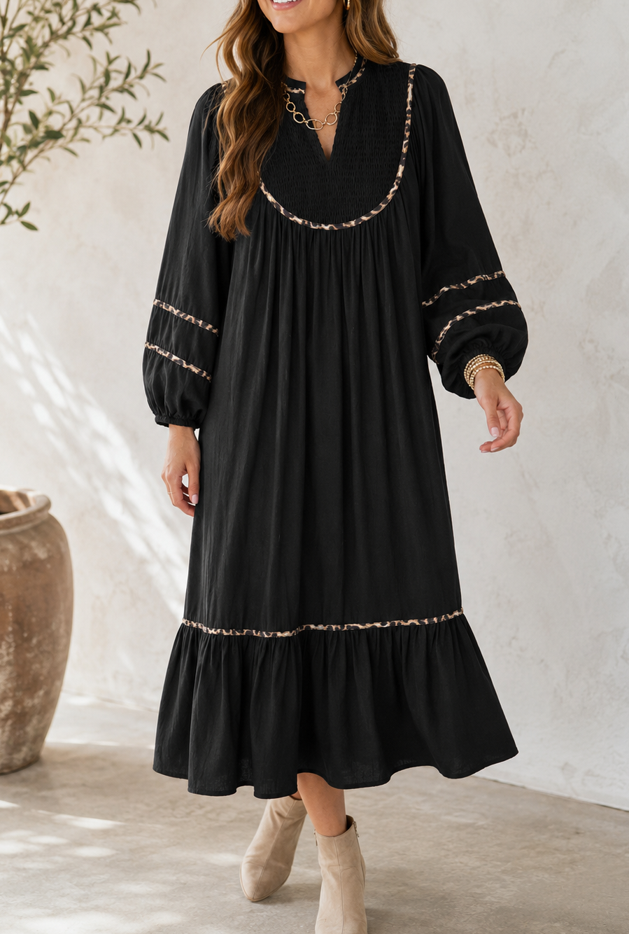 Black Leopard Trim Casual Dress