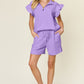 Double Take Full Size Texture Flounce Sleeve Top and Drawstring Shorts Set