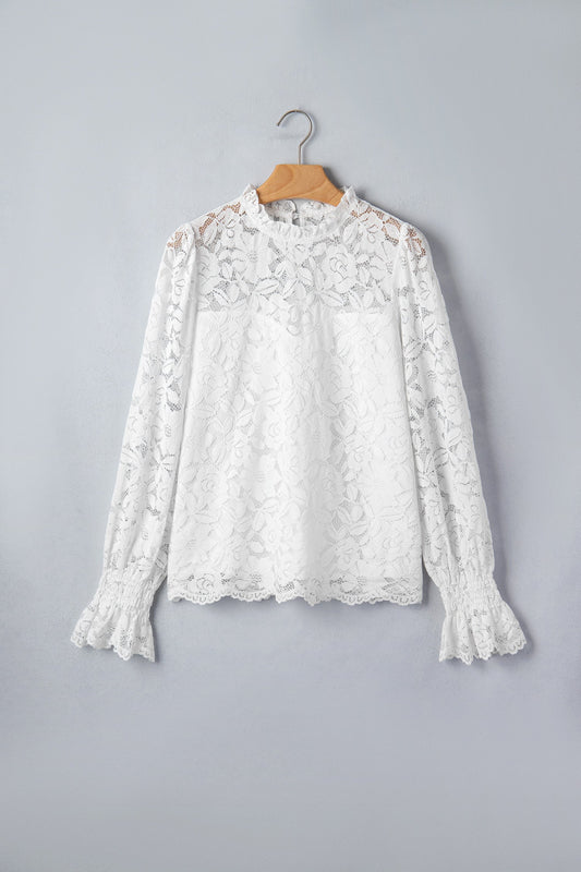 White Ruffled Sheer Lace Blouse