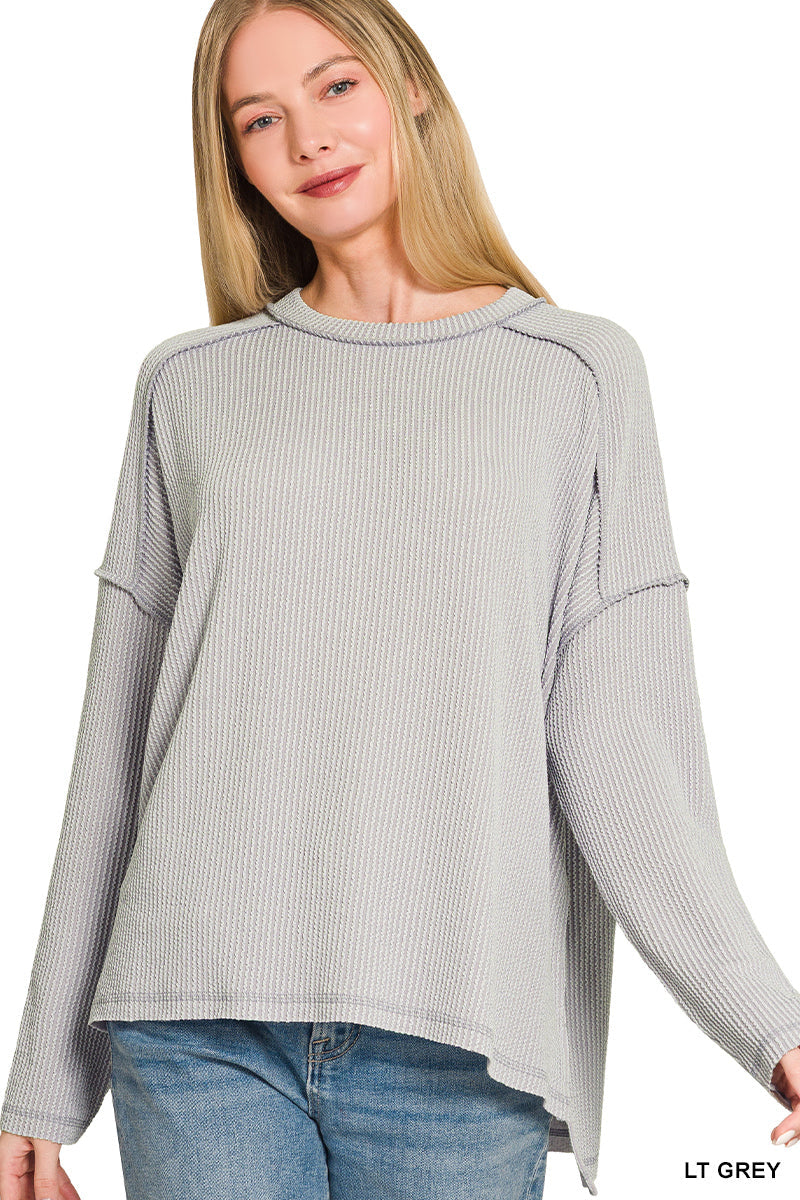 Raised Rib Raw Edge Long Sleeve Zenana Top *Multiple Colors* RTS