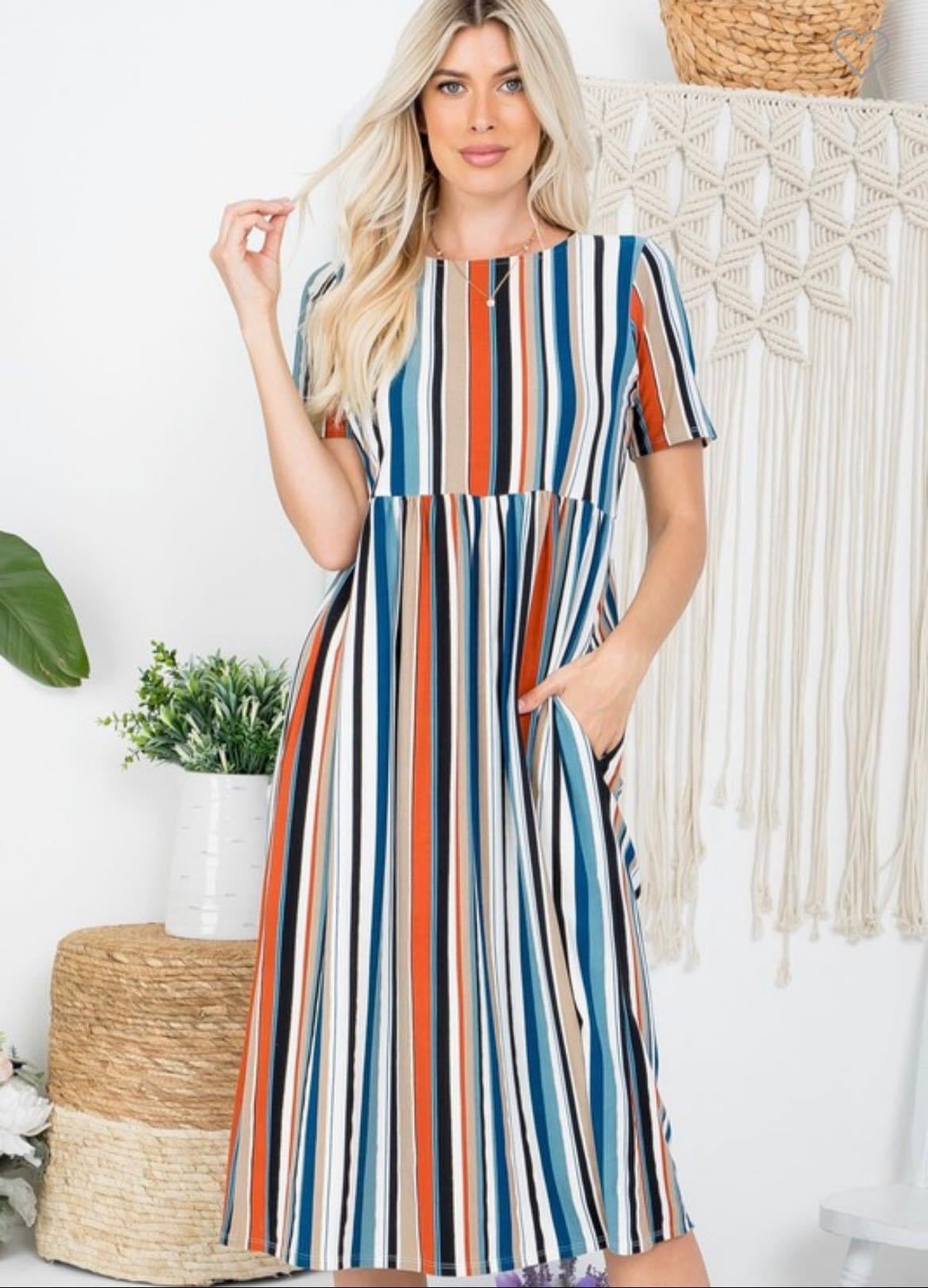 Multi Striped Babydoll Midi Dress