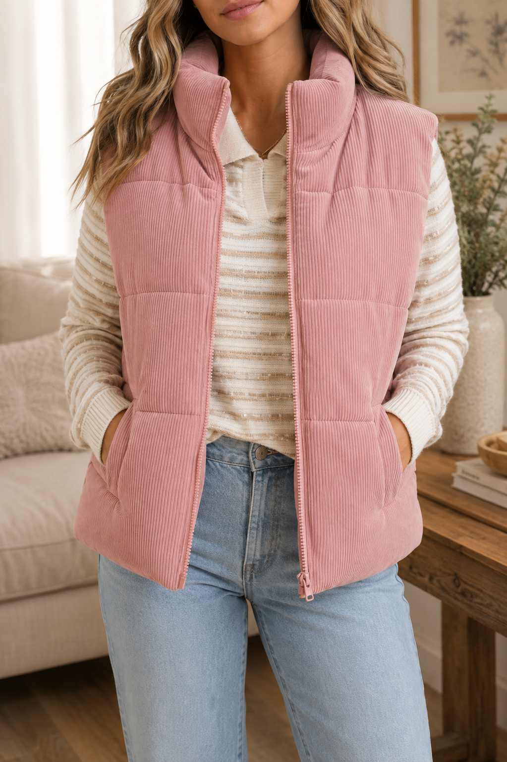 Corduroy Zip Up Puffer Vest