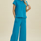 Double Take Full Size Texture Drawstring Short Sleeve Hoodie and Pocketed Pants Set