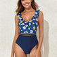 Crisscross Ruffled Printed V-Neck One-Piece Swimwear