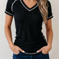 Black Waffle V Neck Top
