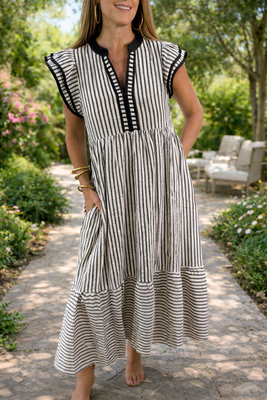 Stripe Double Ruffle Midi Dress FB