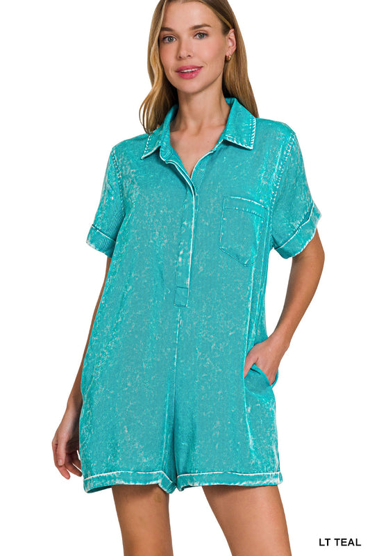 Mineral Wash Half Button Romper Zenana New RTS