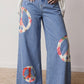 Floral Peace Sign Wide Leg Jeans