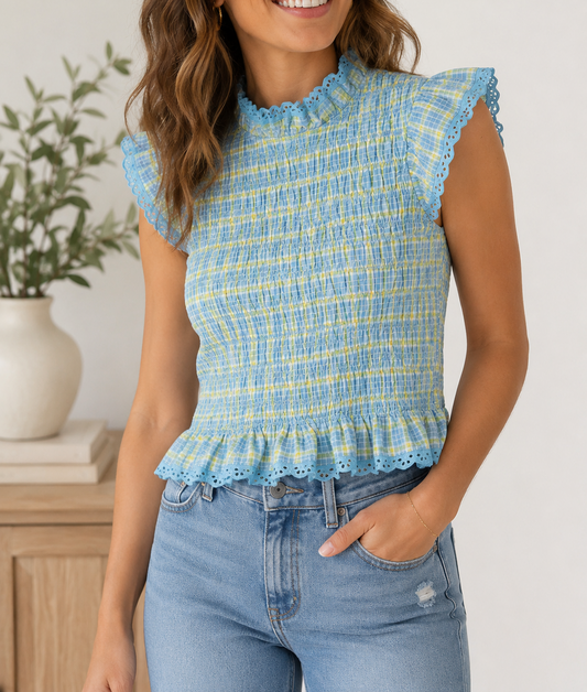Gingham Lace Trim Top