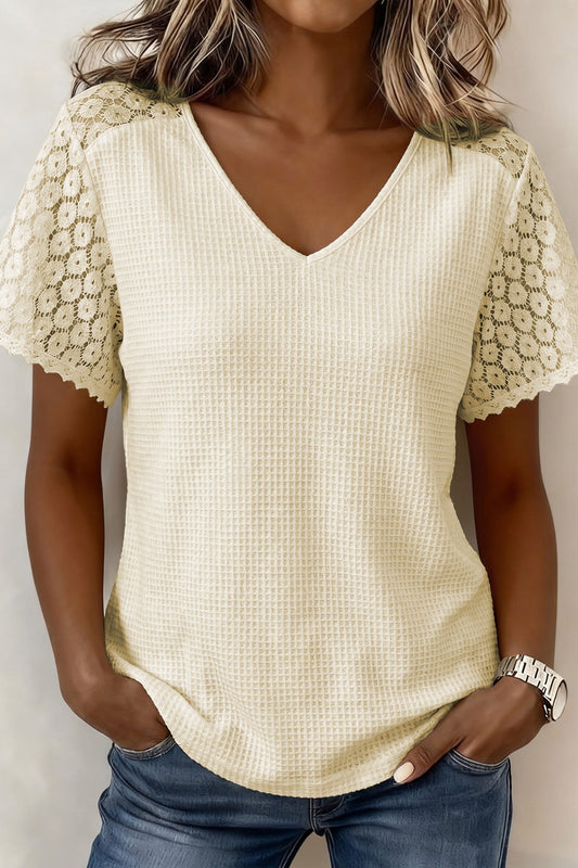 Lace Sleeve Waffle Knit Blouse