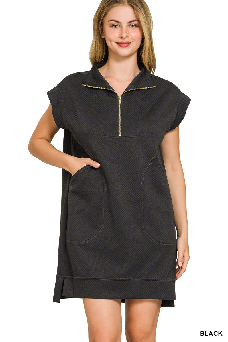 Textured- Knit Quarter Zip Dress Zenana