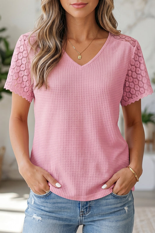 Pink Lace Waffle Knit Blouse