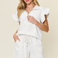 Double Take Full Size Texture Flounce Sleeve Top and Drawstring Shorts Set