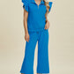 Double Take Full Size Texture Ruffle Short Sleeve Top and Wide Leg Pants Set