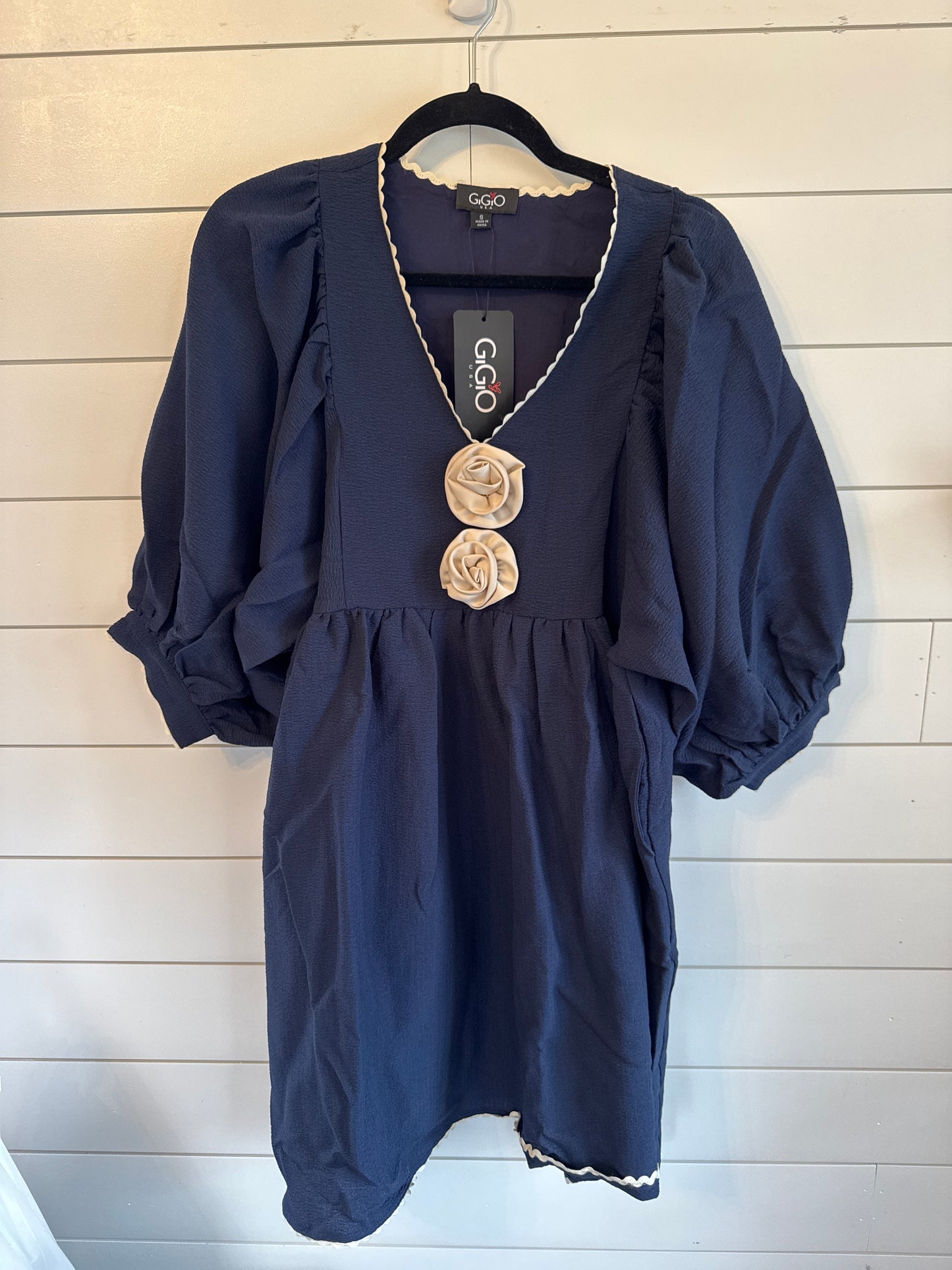 Navy Scalloped Trim Dress